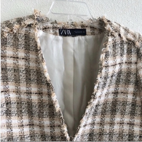 Zara Frayed Collarless V Neck Tweed Plaid Blazer - Picture 5 of 8